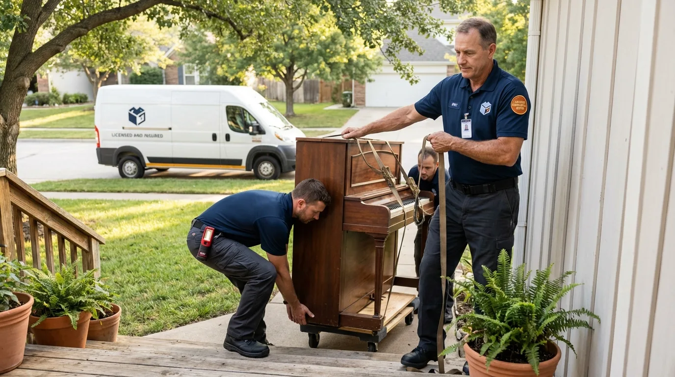 Licensed piano movers securing grand piano in Franklin Furnace, OH