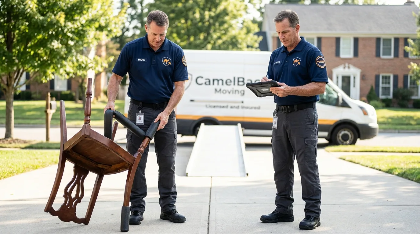 Movers inspecting furniture for damage prevention before loading in Franklin Furnace, OH