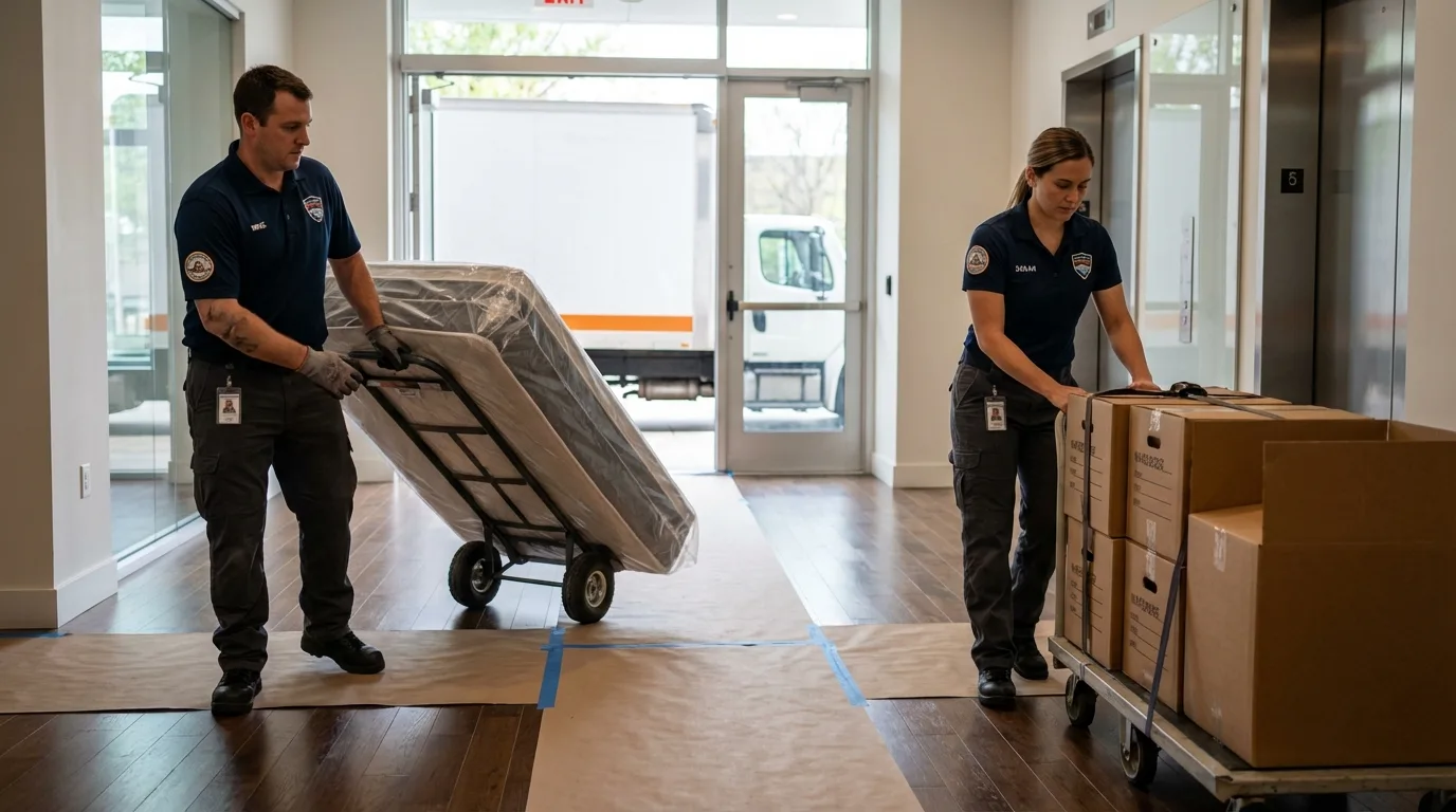 Professional apartment movers loading elevator in Franklin Furnace, OH
