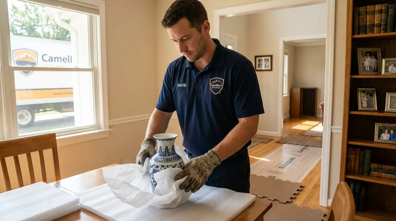 Professional crew carefully wrapping antique vase for senior downsizing move in Franklin Furnace, OH